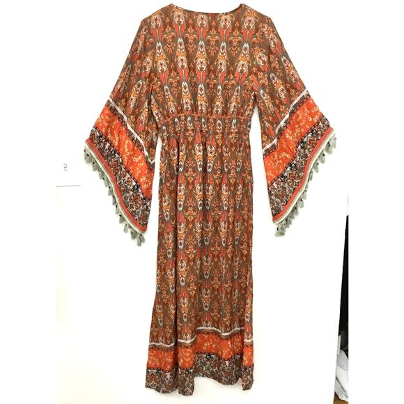 Luukse Allover Print Flounce Sleeve A-Line Kaftan Maxi Dress Boho Hippie Sz S - Picture 4 of 9